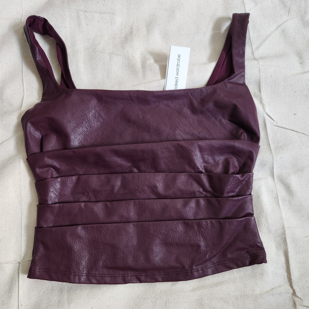 New Naked Wardrobe Dark Plum Faux Leather Ruched Corset Tank Top Size S Small